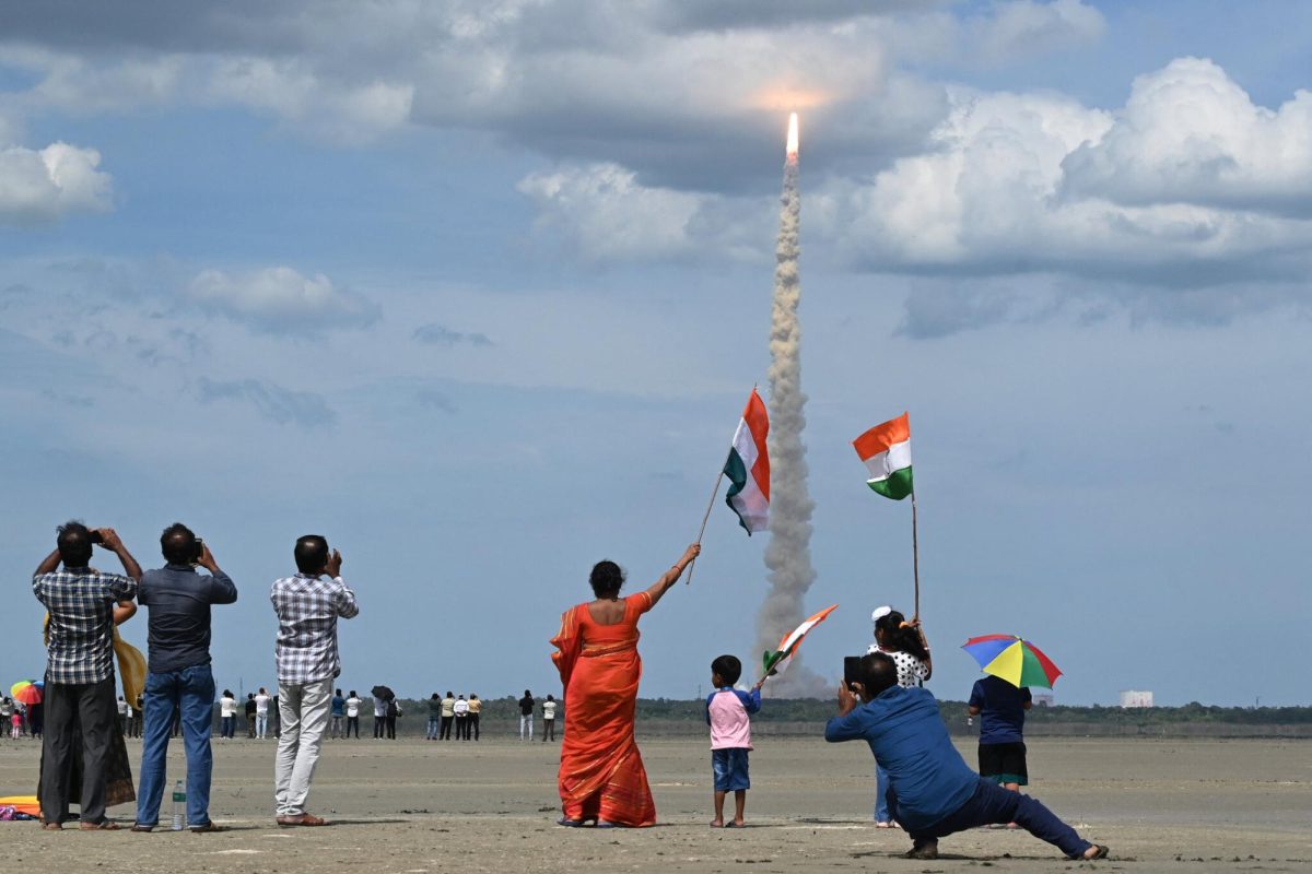 Indian citizens watch LVM-3, the rocket with Chandrayaan-3, launch.