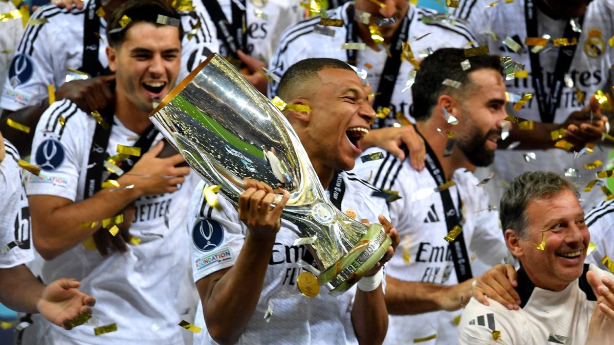 Mbappé and his team, Real Madrid, celebrating after winning the UEFA Super Cup finals