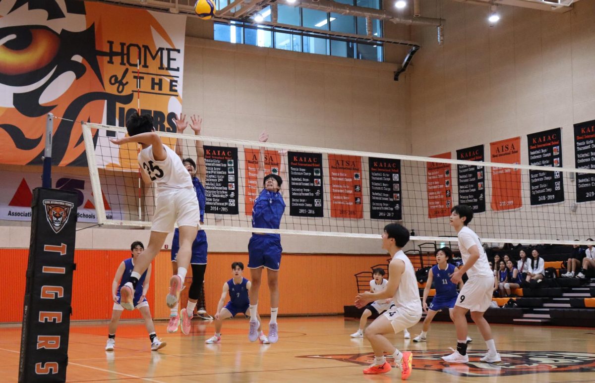 Yoonwoo Lee (11) jumping to spike the ball.