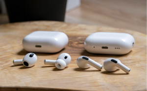 The AirPods Pro 3 side by side with the older model.
