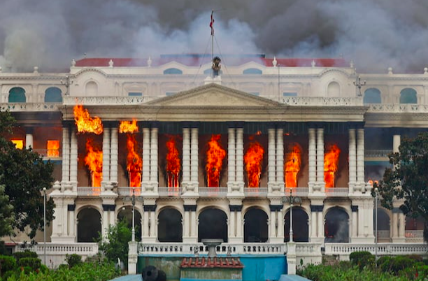 Photo of Nepalese government building burning from protests