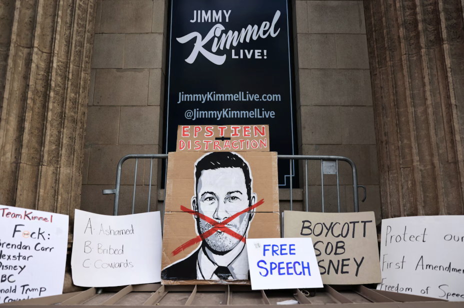Protest signs against the suspension of Jimmy Kimmel Live outside its Hollywood studio