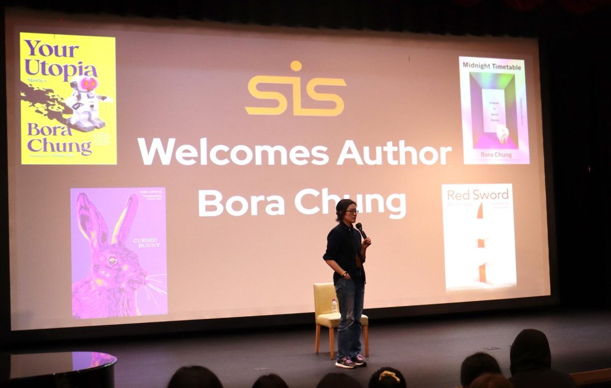 Bora Chung opens a Q&A session with English 11 students at SIS