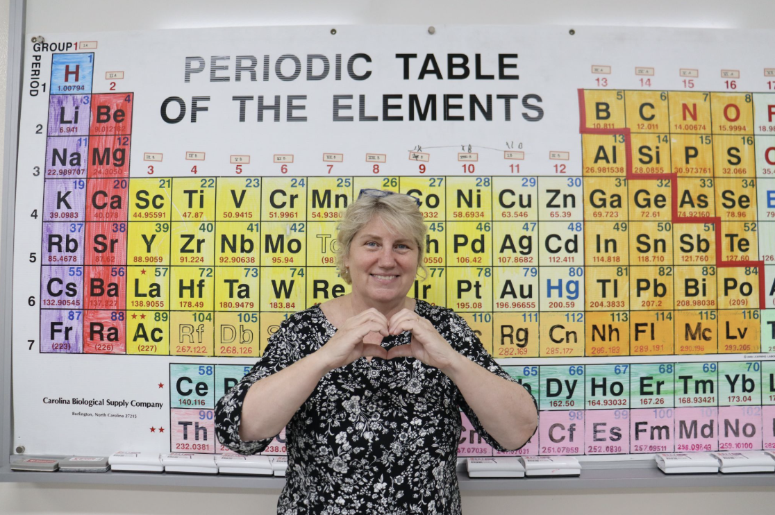 Ms. Campbell expressing her love for the students in front of her iconic periodic table